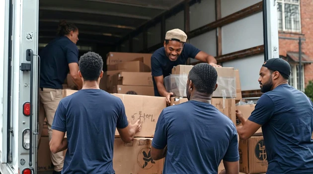 Moving team loading boxes into a moving truck