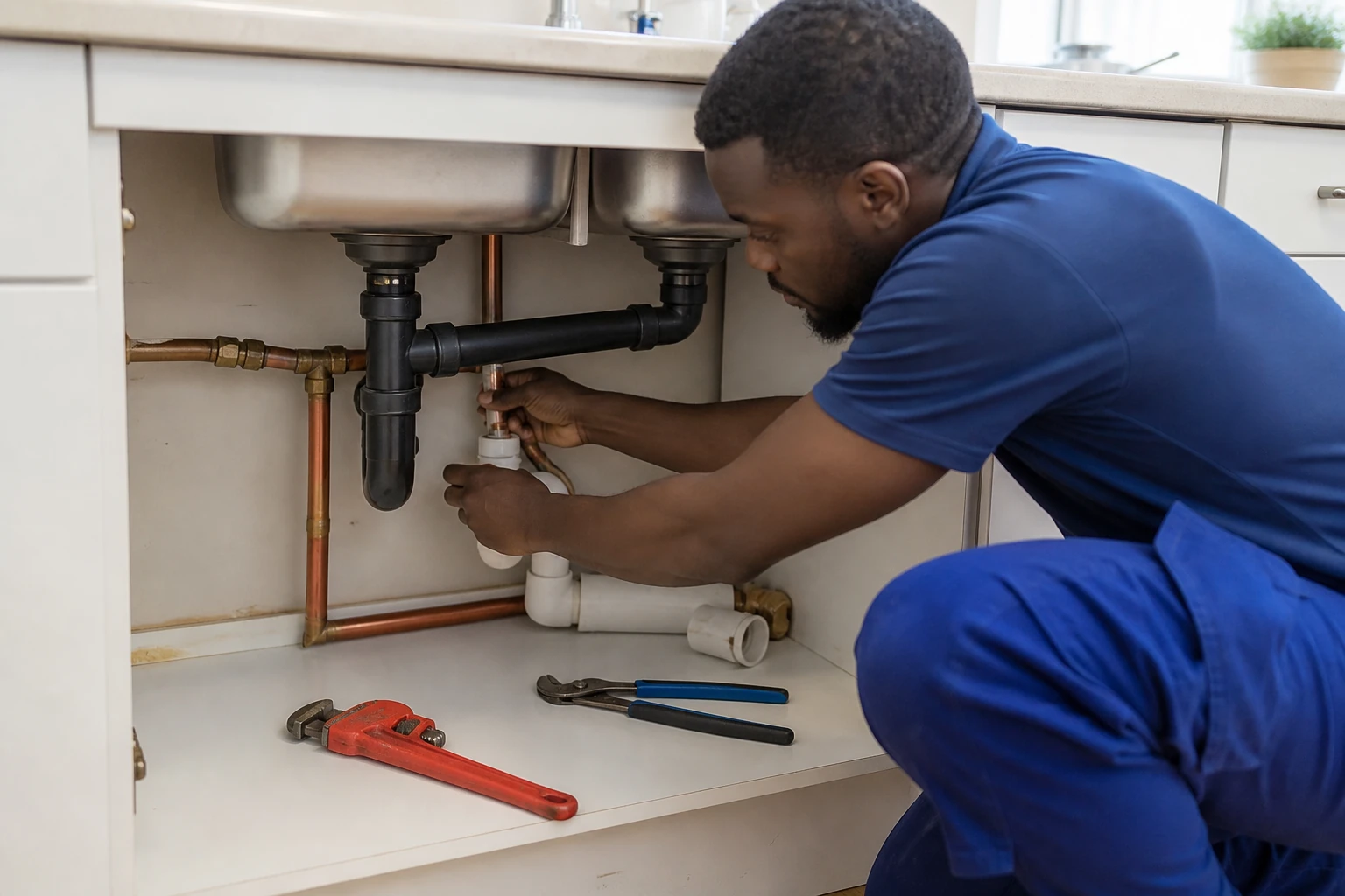 Plumber repairing pipes beneath a kitchen sink